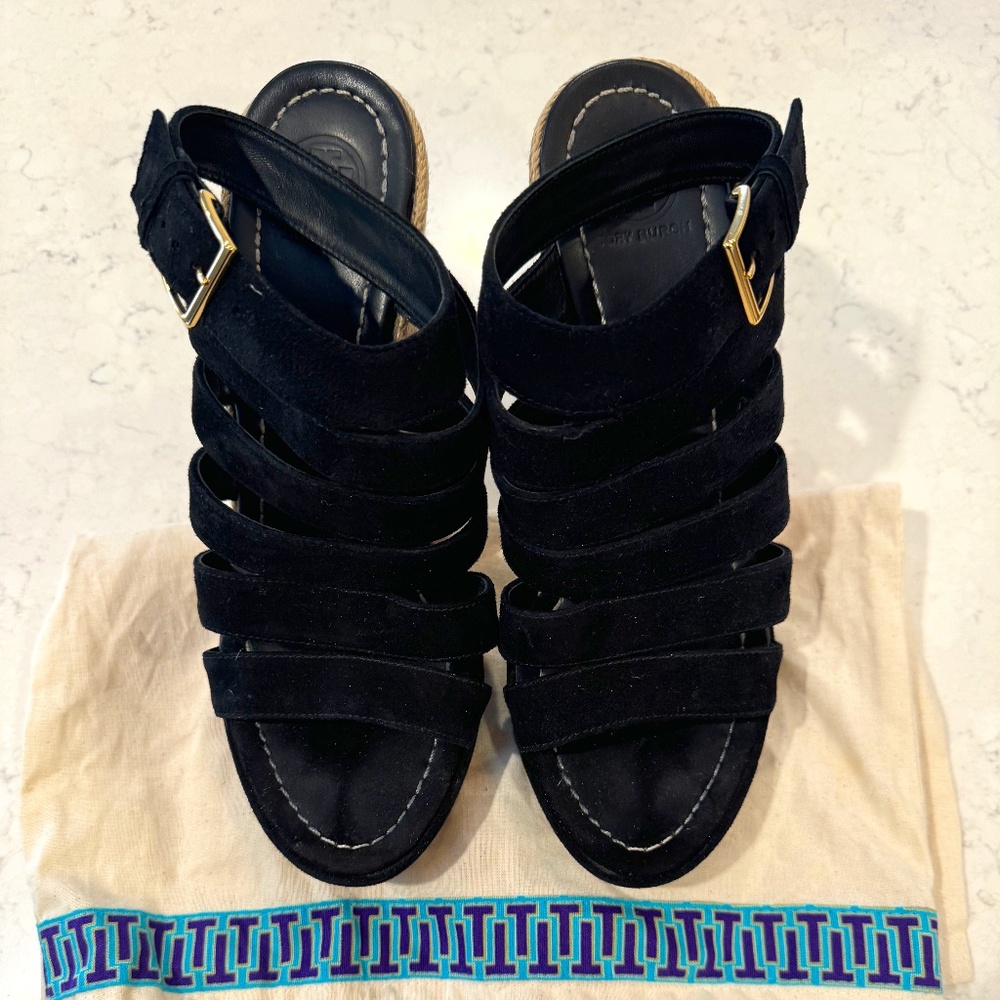 Tory Burch Wedge Espadrille - Black Suede - Size Women's 8 1/2